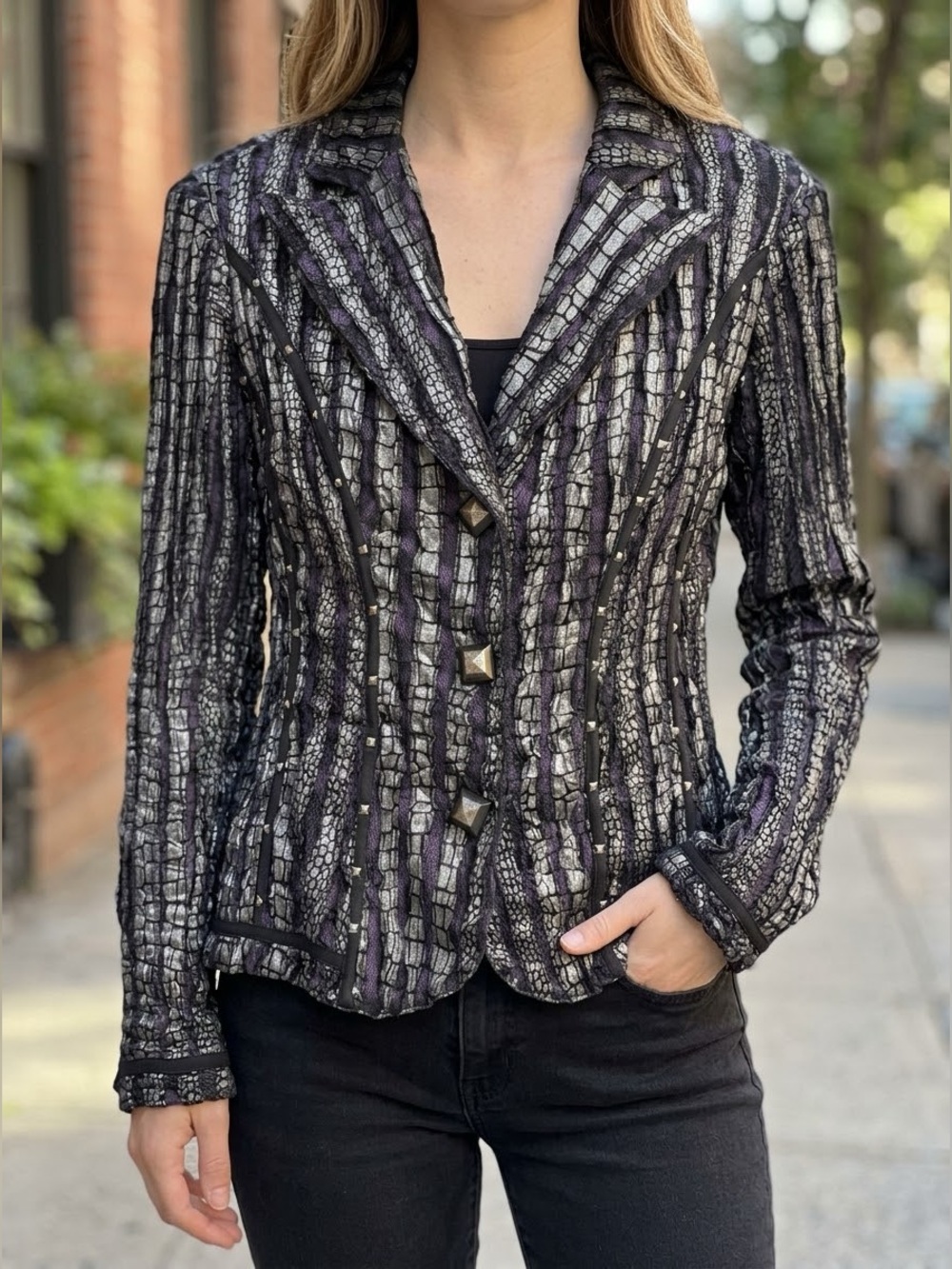 Alberto Makali Metallic Crinkle Mesh Studded Blazer Jacket XL Black Purple